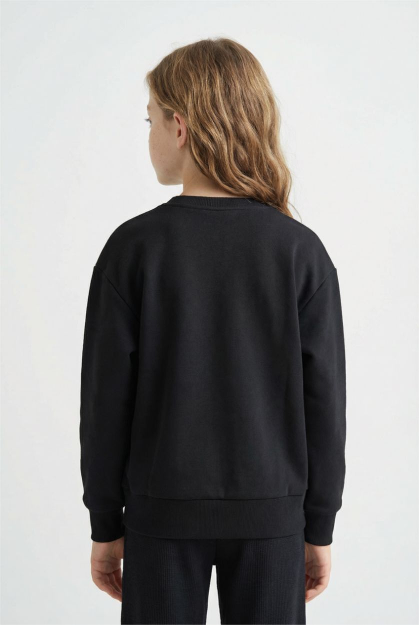 FILLES Noir Sweatshirt basique à col rond Coupe décontractée pour fille