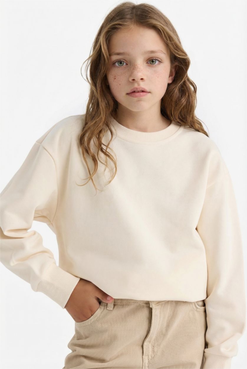 Girls & Teens Ecru Girl Relax Fit Crew Neck Basic Sweatshirt