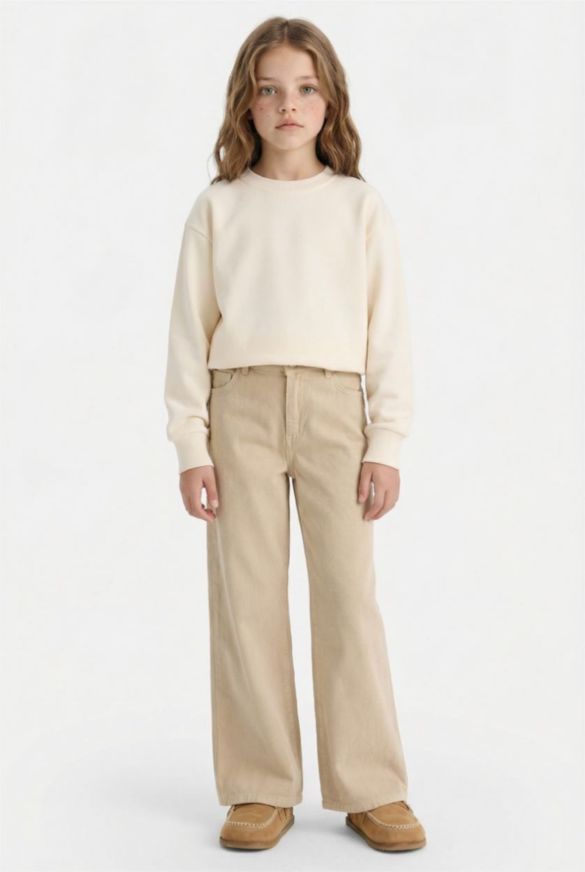 Girls & Teens Ecru Girl Relax Fit Crew Neck Basic Sweatshirt