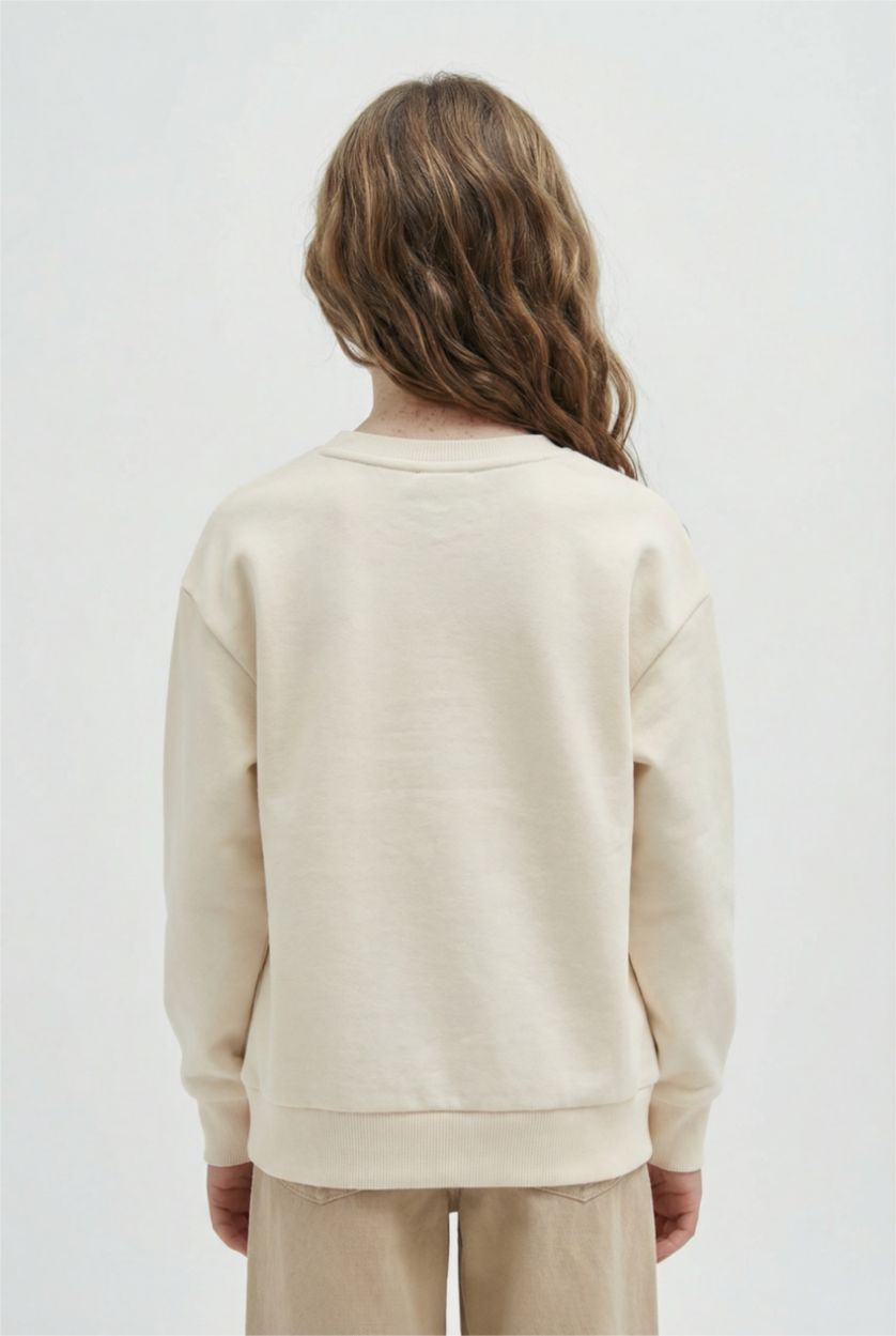 Girls & Teens Ecru Girl Relax Fit Crew Neck Basic Sweatshirt