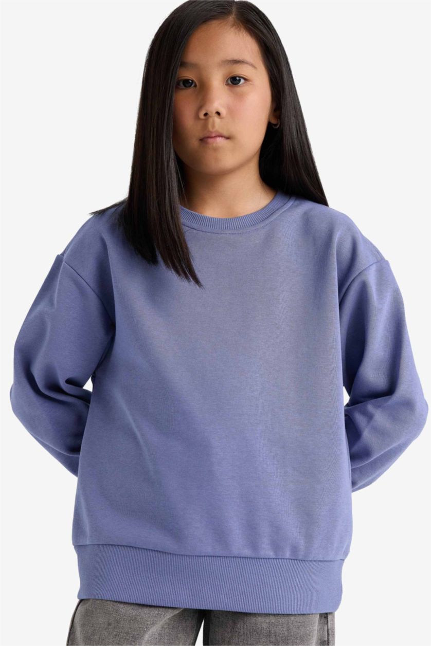Kız Çocuk - Genç Kız Açık Menekşe Relax Fit Bisiklet Yaka Basic Düz Okul Sweatshirt Kız Çocuk