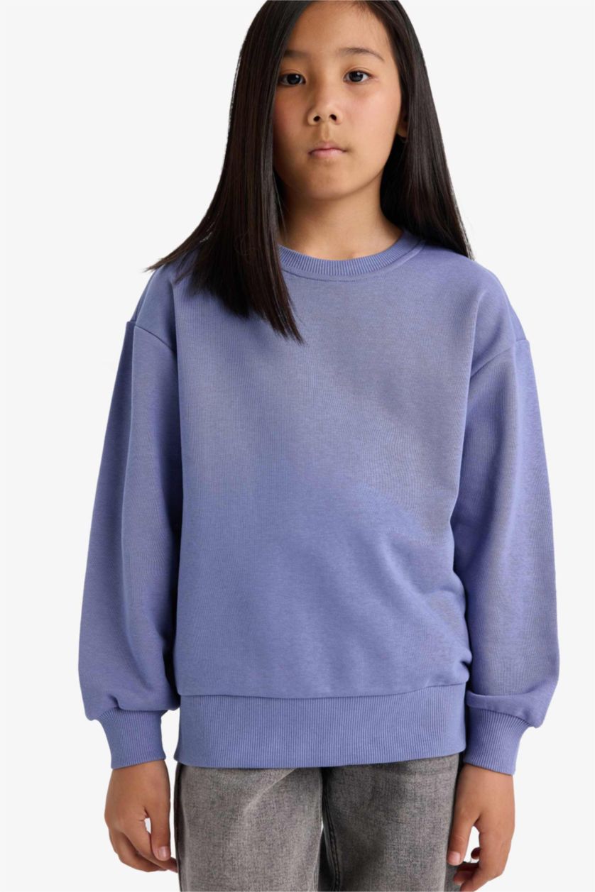Kız Çocuk - Genç Kız Açık Menekşe Relax Fit Bisiklet Yaka Basic Düz Okul Sweatshirt Kız Çocuk