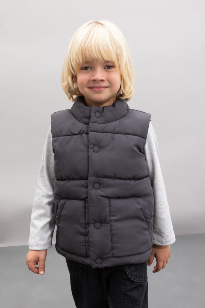 Erkek Bebek Gri Erkek Bebek Dik Yaka Su Geçirmez Kumaş Çıtçıtlı Şişme Yelek