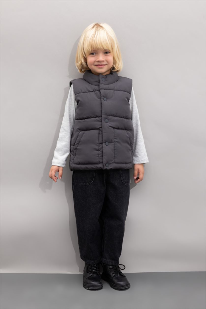 Erkek Bebek Gri Erkek Bebek Dik Yaka Su Geçirmez Kumaş Çıtçıtlı Şişme Yelek