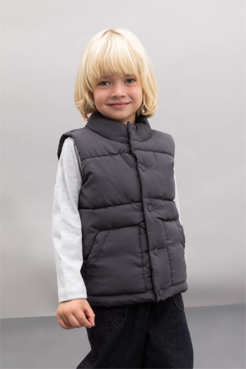 Erkek Bebek Gri Erkek Bebek Dik Yaka Su Geçirmez Kumaş Çıtçıtlı Şişme Yelek