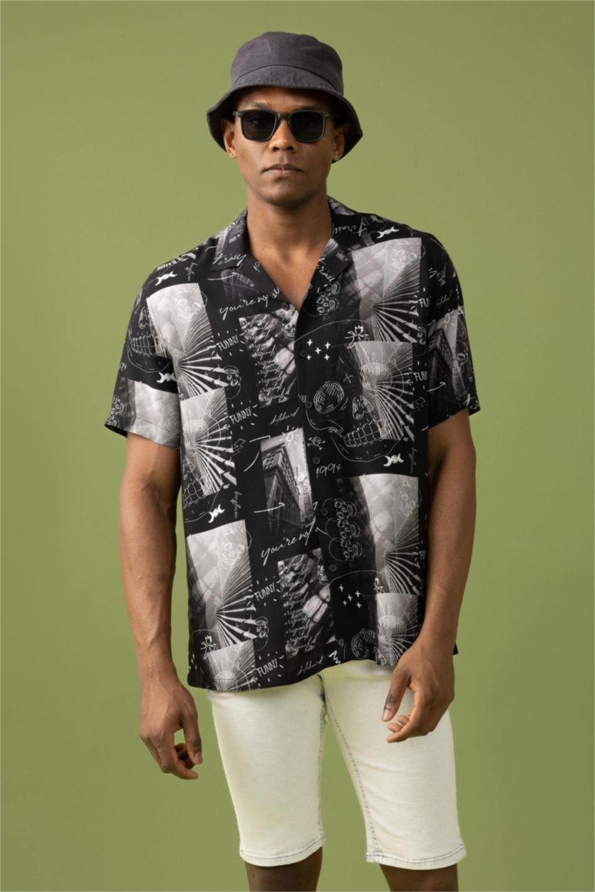 MAN Black Relax Fit Printed Viscose Short Sleeve Shirt