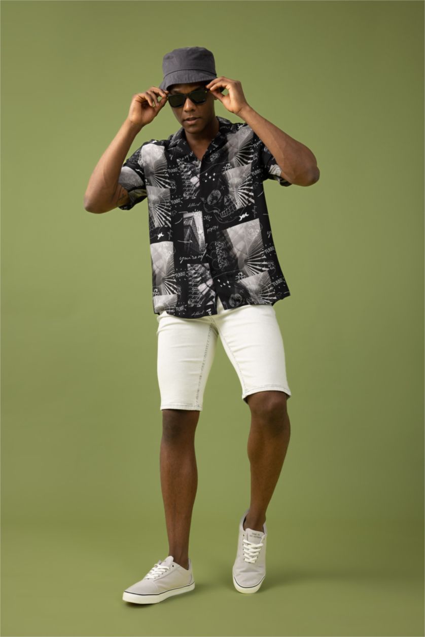 MAN Black Relax Fit Printed Viscose Short Sleeve Shirt