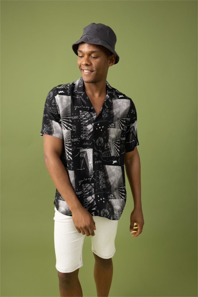 MAN Black Relax Fit Printed Viscose Short Sleeve Shirt