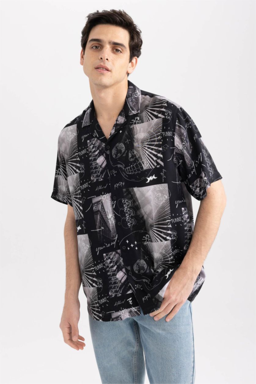 MAN Black Relax Fit Printed Viscose Short Sleeve Shirt