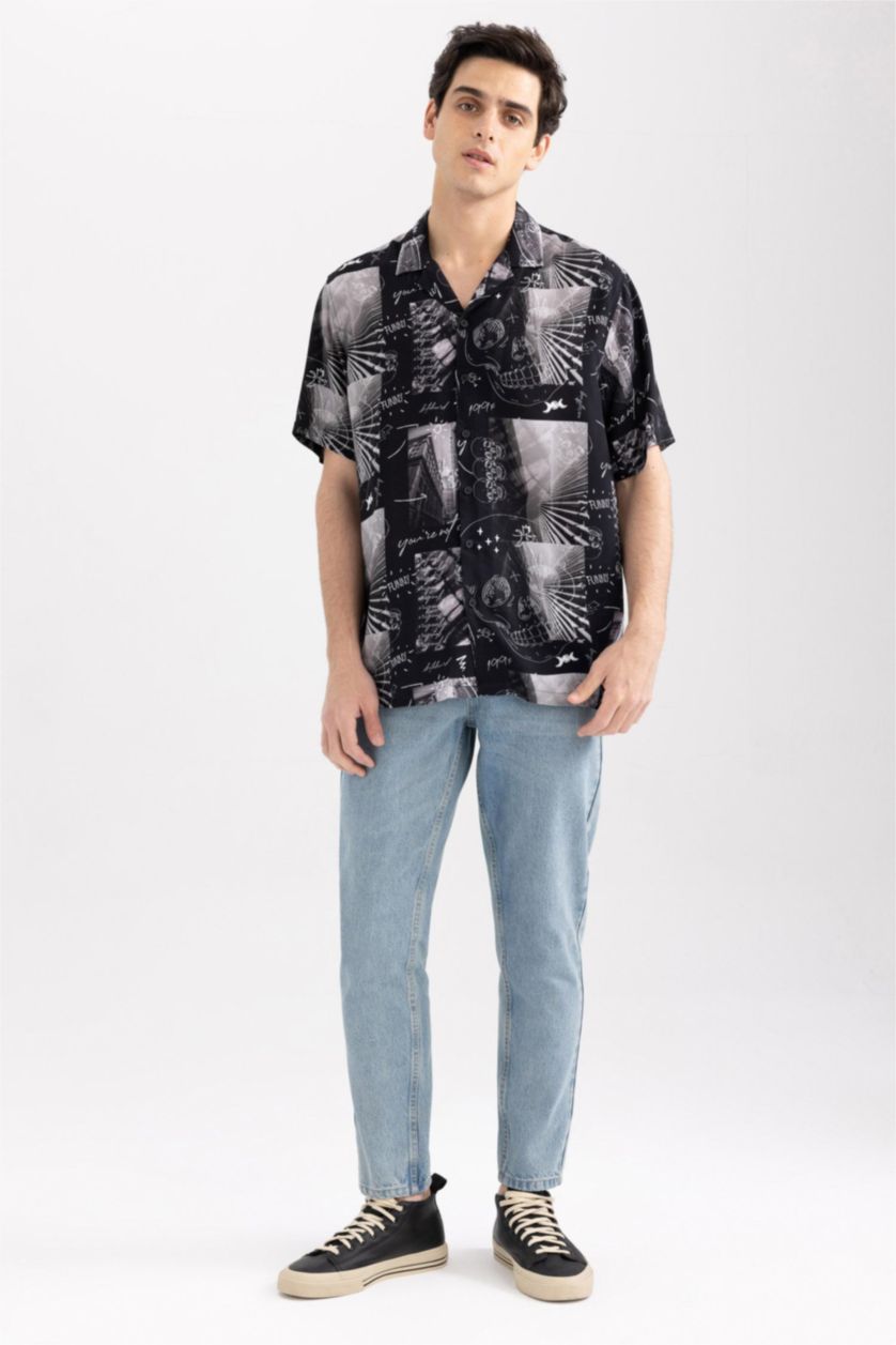 MAN Black Relax Fit Printed Viscose Short Sleeve Shirt