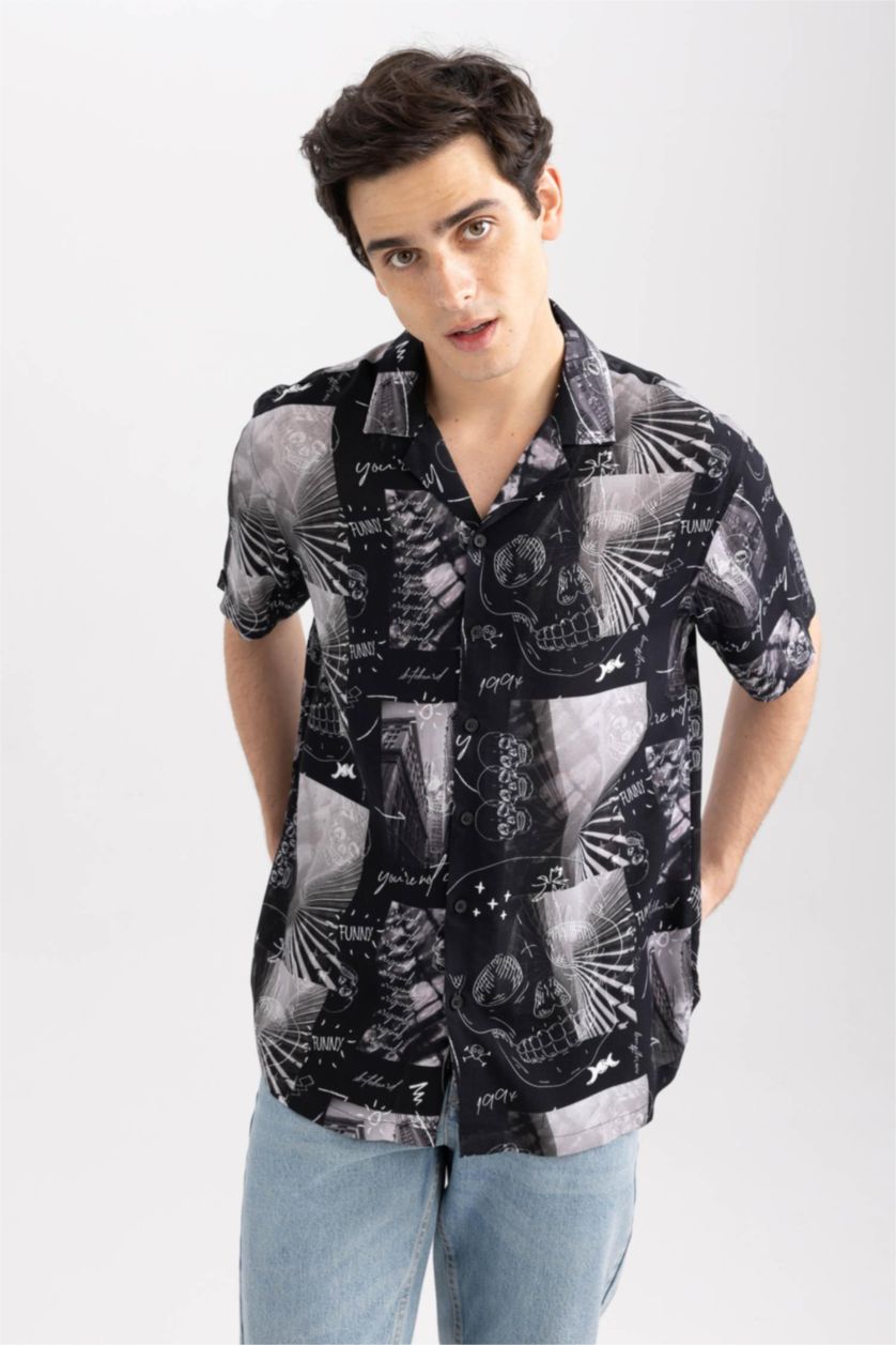 MAN Black Relax Fit Printed Viscose Short Sleeve Shirt