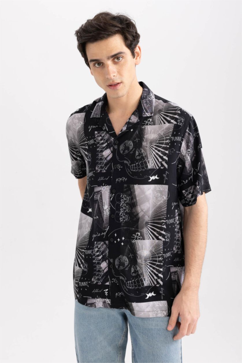 MAN Black Relax Fit Printed Viscose Short Sleeve Shirt