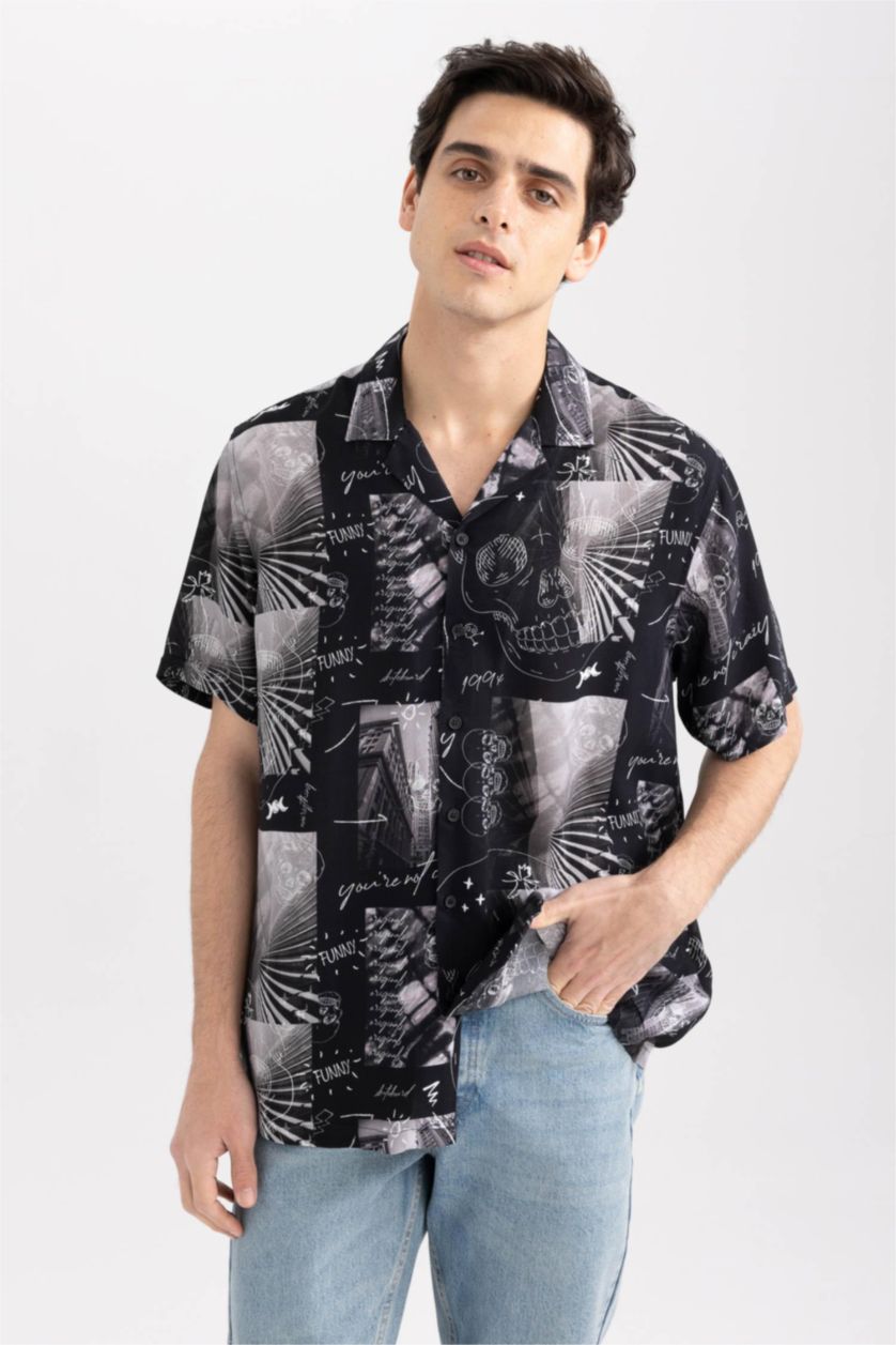 MAN Black Relax Fit Printed Viscose Short Sleeve Shirt