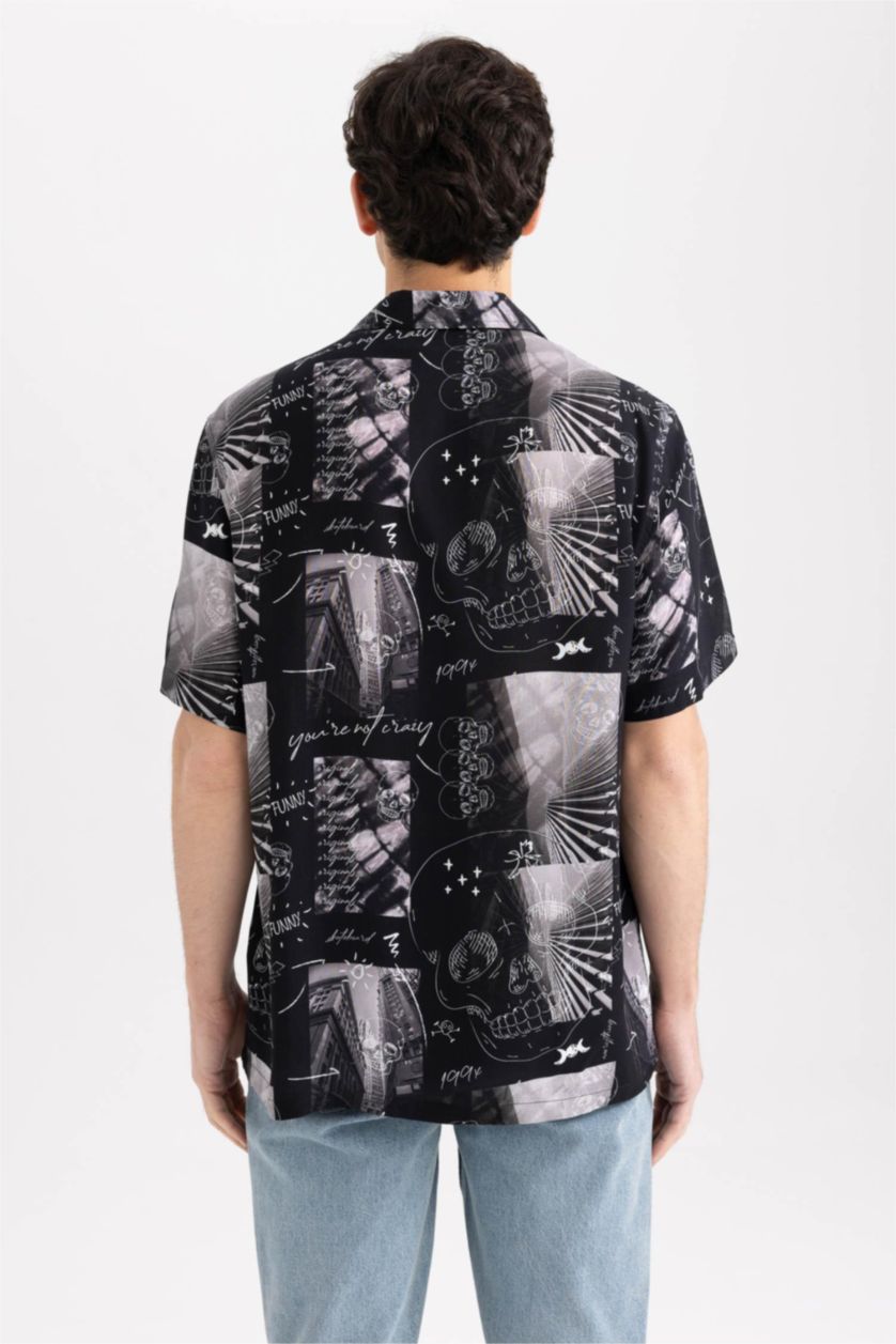 MAN Black Relax Fit Printed Viscose Short Sleeve Shirt