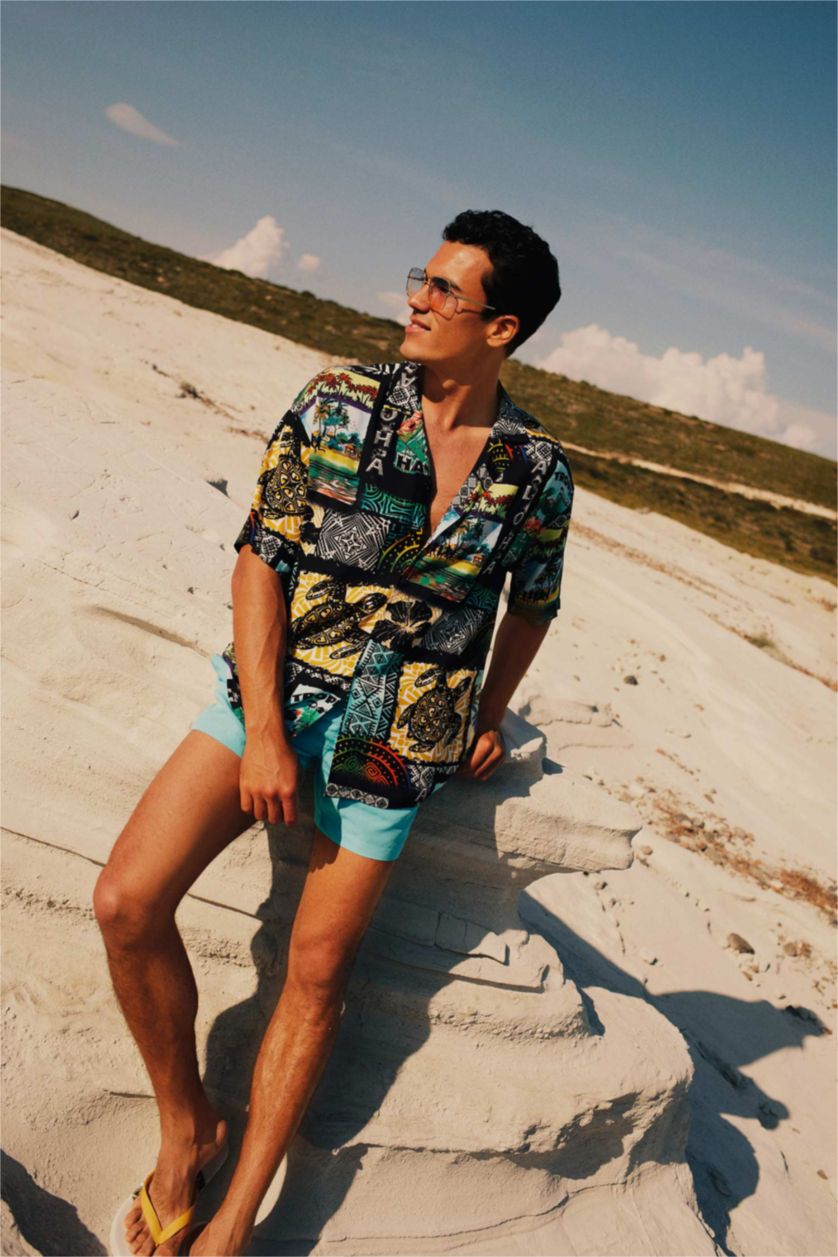 HOMME Noir Chemise À Manches Courtes Imprimé en Viscose Coupe Relax