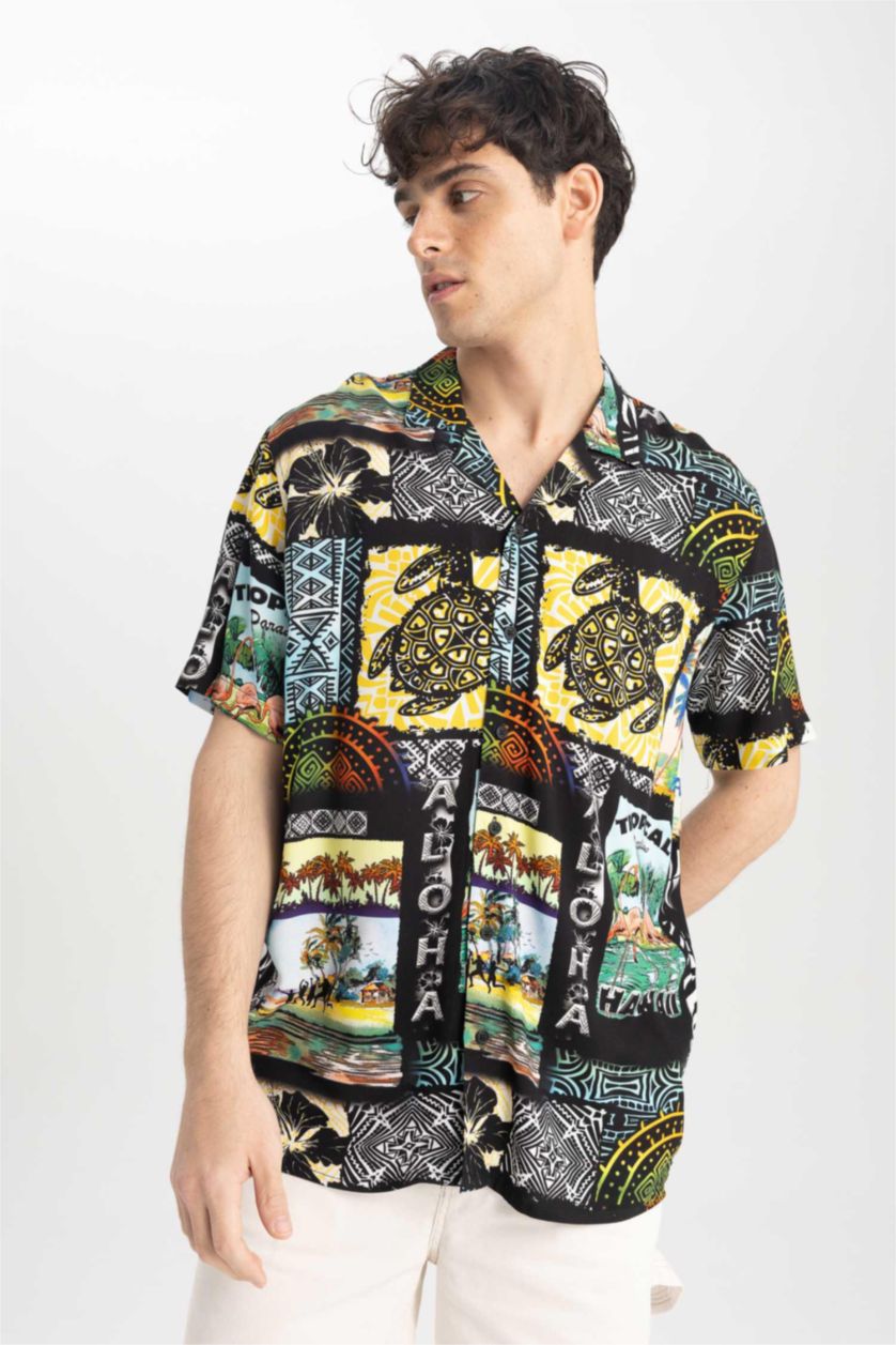 HOMME Noir Chemise À Manches Courtes Imprimé en Viscose Coupe Relax