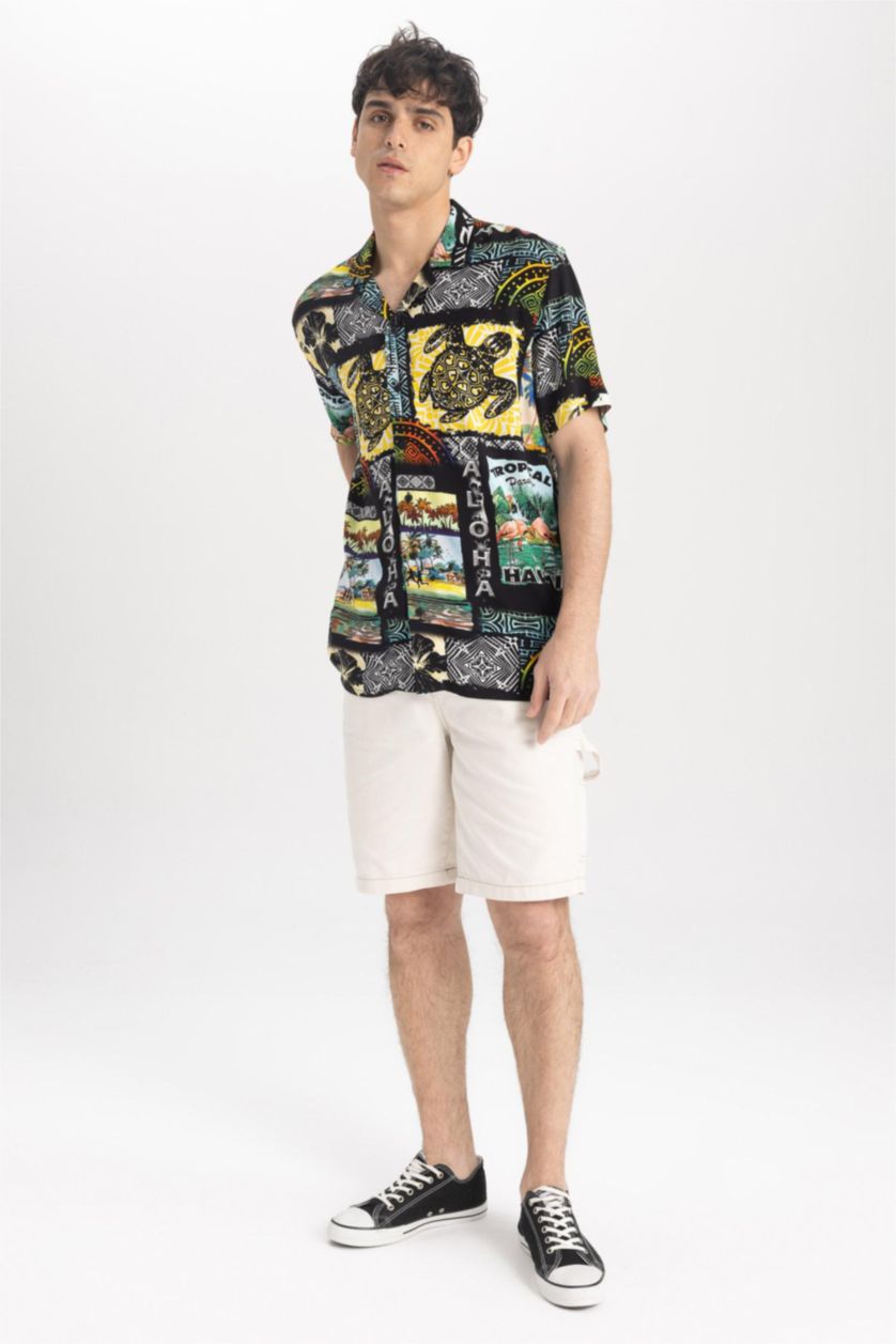 HOMME Noir Chemise À Manches Courtes Imprimé en Viscose Coupe Relax