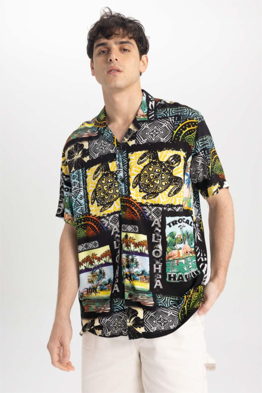 HOMME Noir Chemise À Manches Courtes Imprimé en Viscose Coupe Relax