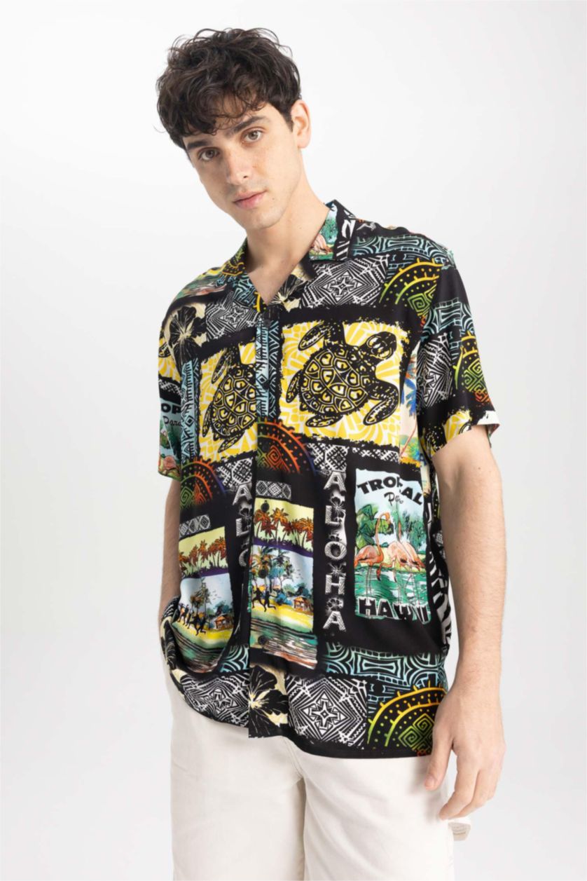 HOMME Noir Chemise À Manches Courtes Imprimé en Viscose Coupe Relax