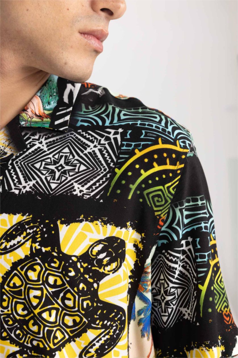 HOMME Noir Chemise À Manches Courtes Imprimé en Viscose Coupe Relax