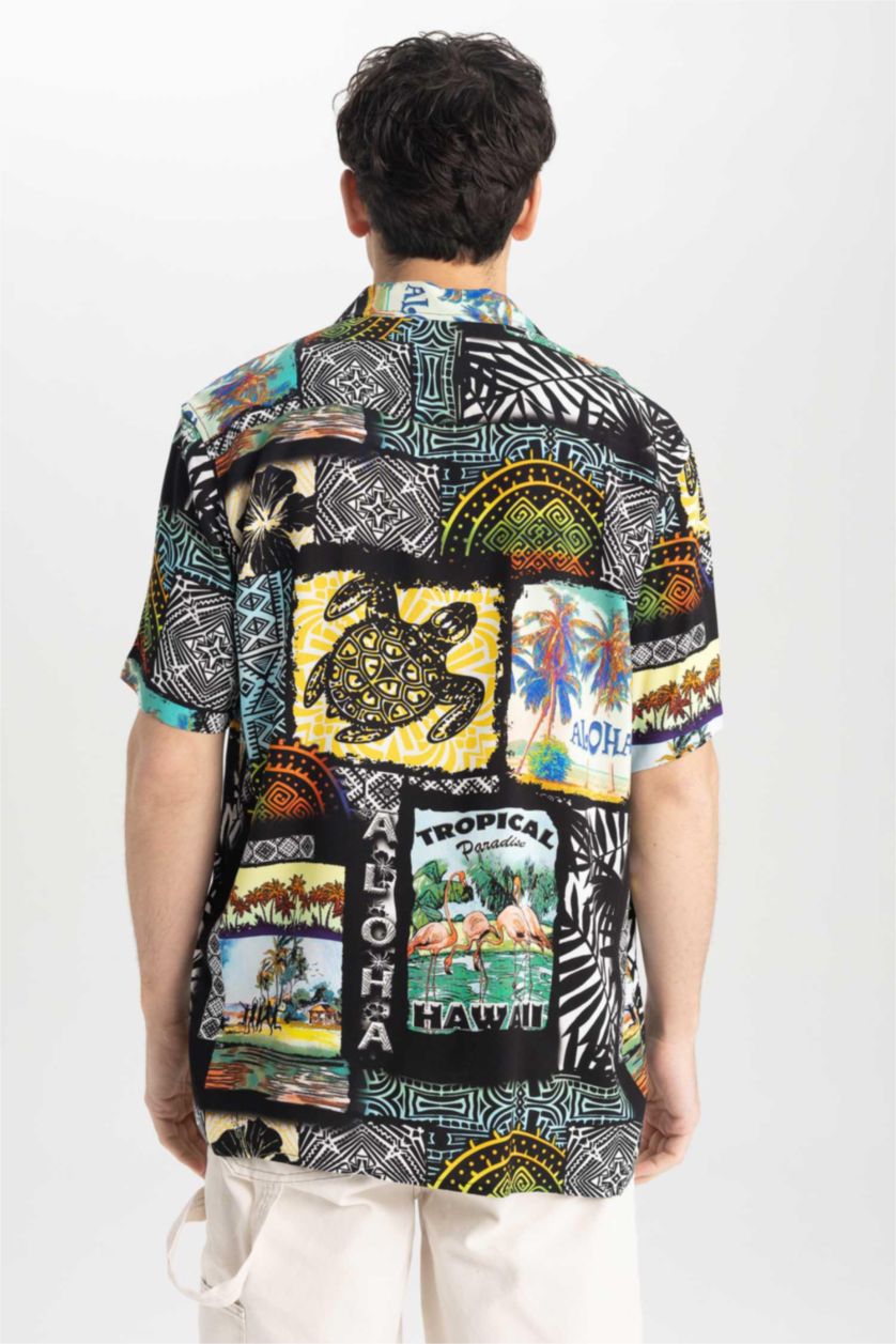 HOMME Noir Chemise À Manches Courtes Imprimé en Viscose Coupe Relax