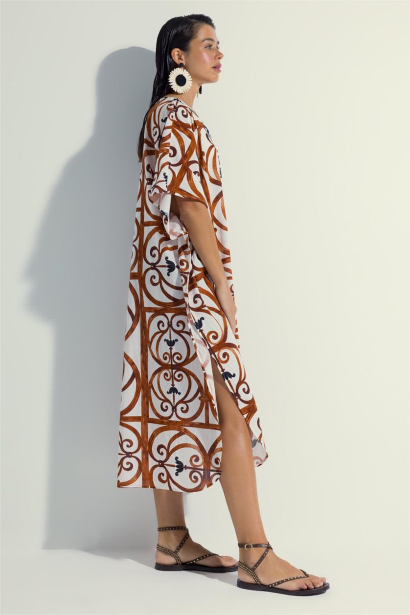 Woman Dark Orange Nefes İstanbul X DeFacto Patterned Cotton Long Kimono