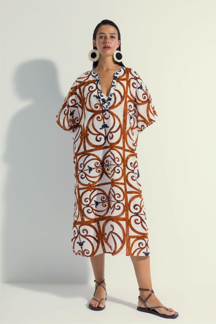 Woman Dark Orange Nefes İstanbul X DeFacto Patterned Cotton Long Kimono