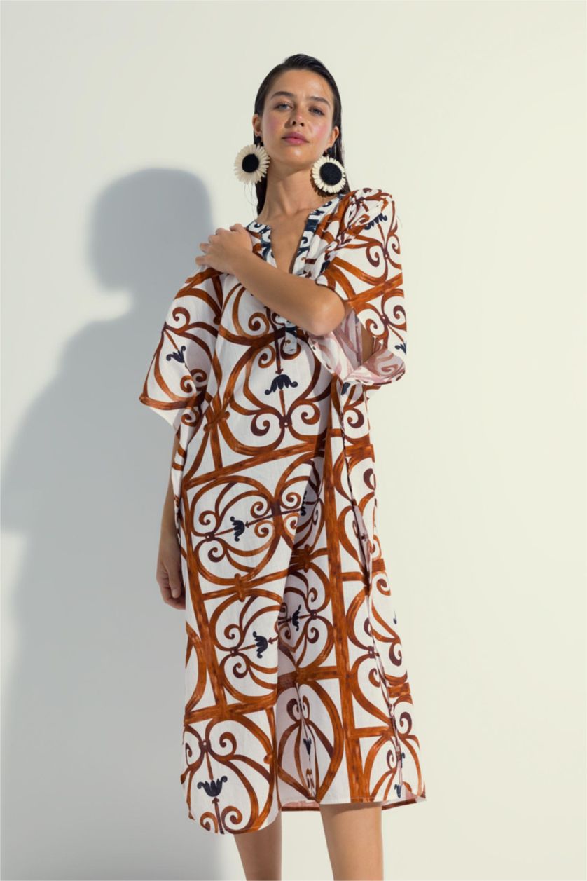 Woman Dark Orange Nefes İstanbul X DeFacto Patterned Cotton Long Kimono