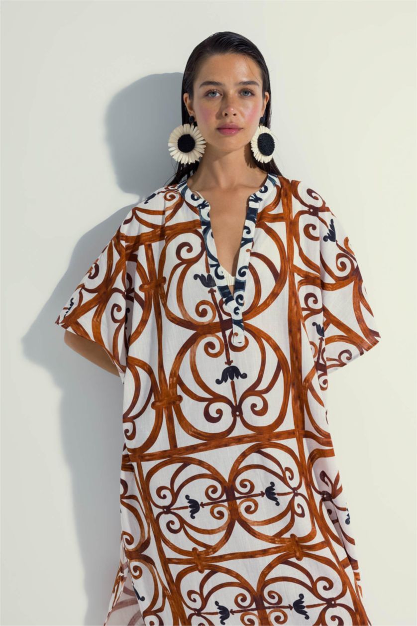 Woman Dark Orange Nefes İstanbul X DeFacto Patterned Cotton Long Kimono