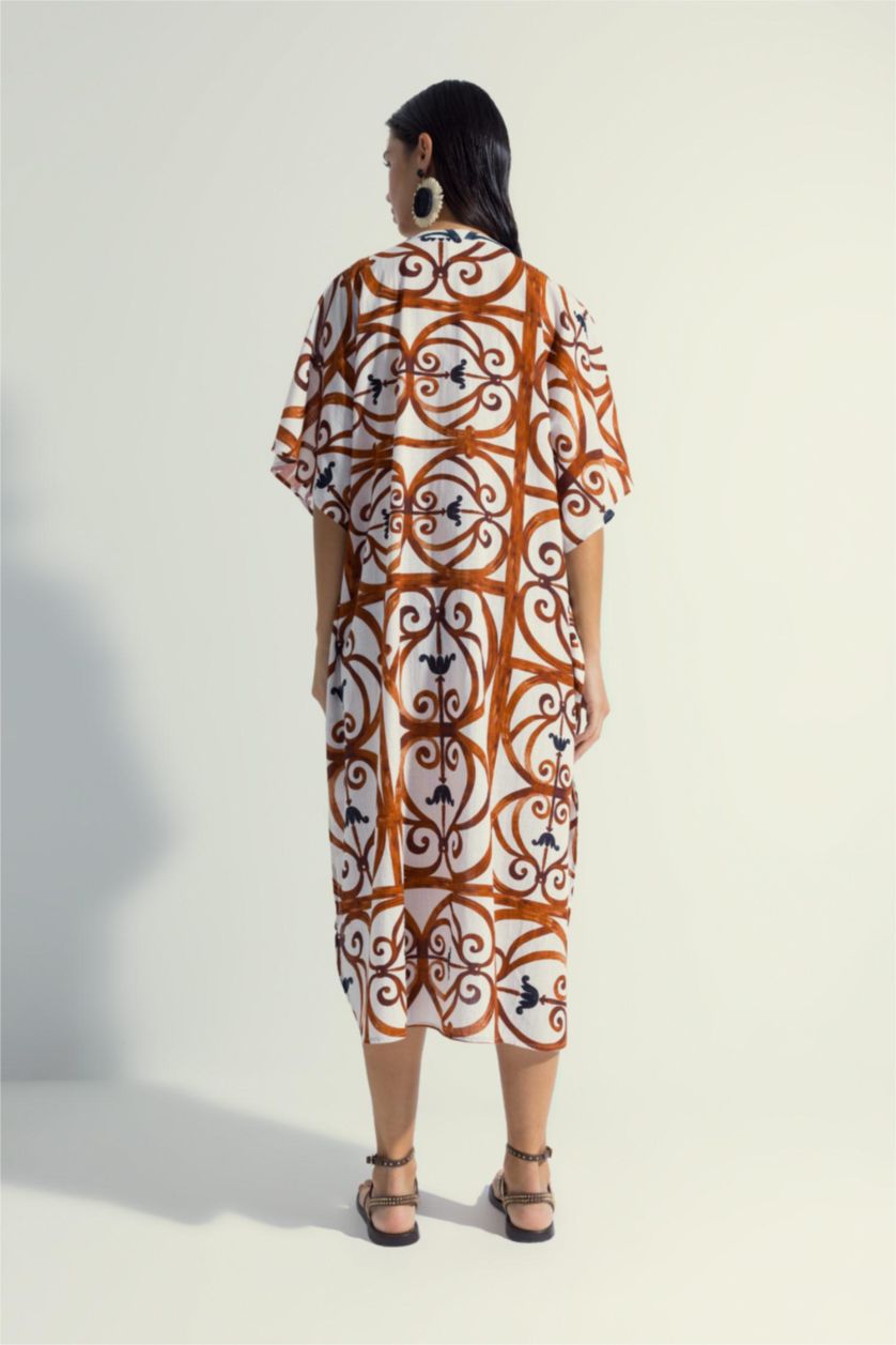 Woman Dark Orange Nefes İstanbul X DeFacto Patterned Cotton Long Kimono