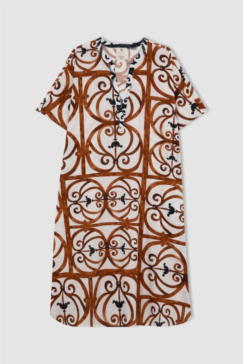 Woman Dark Orange Nefes İstanbul X DeFacto Patterned Cotton Long Kimono