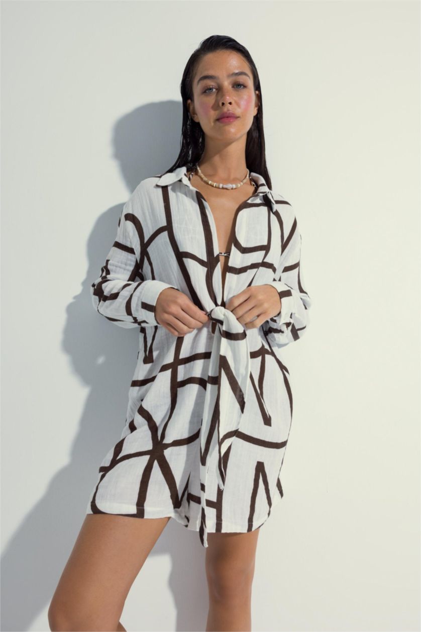 WOMAN Light Brown Fall in Love Regular Fit Printed Cotton Beach Dress