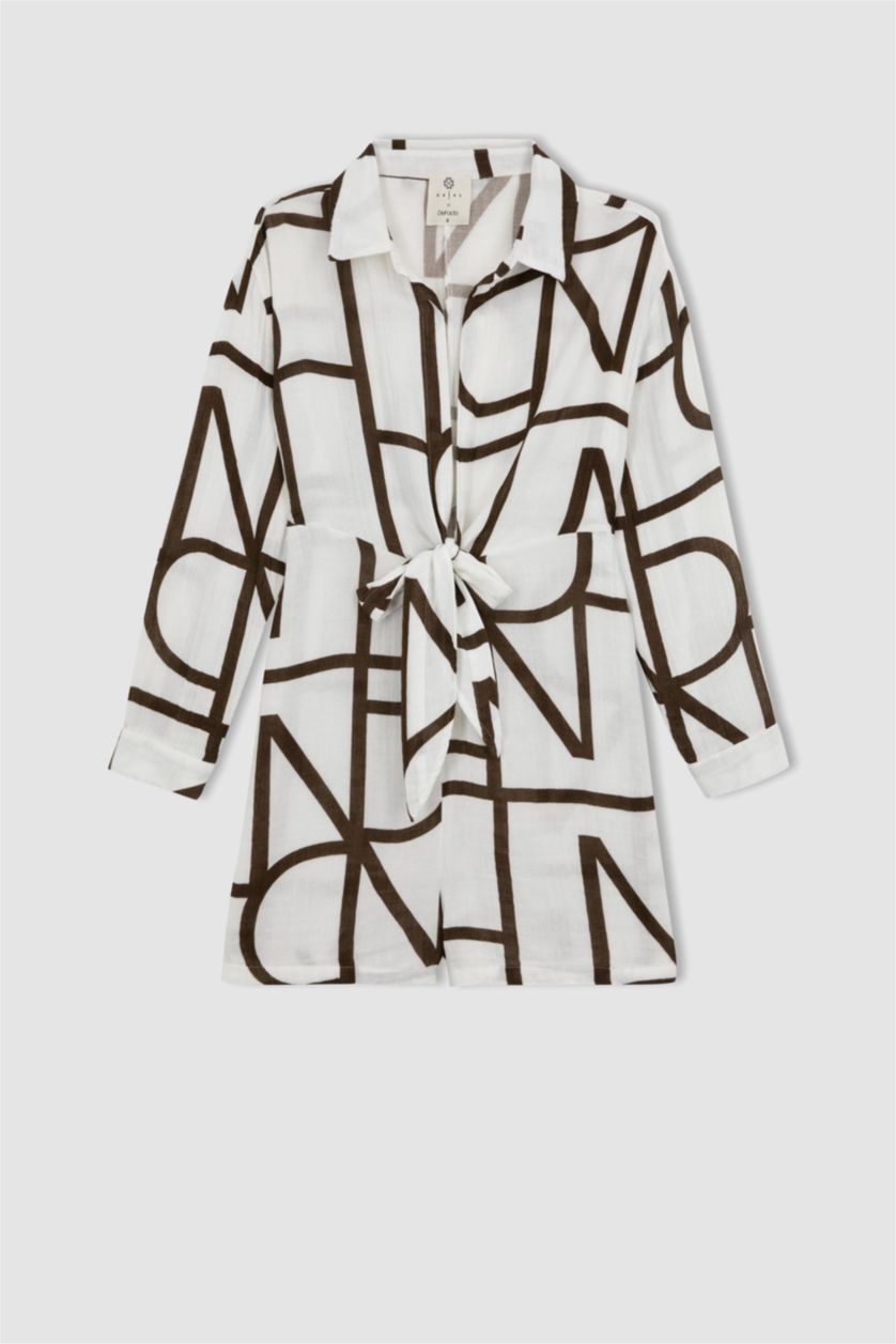 WOMAN Light Brown Fall in Love Regular Fit Printed Cotton Beach Dress