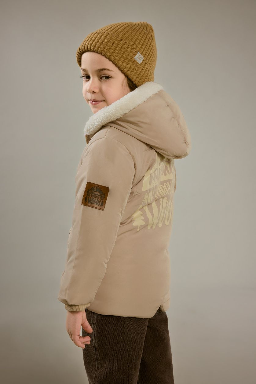 Erkek Bebek Bej Su Geçirmez Kapüşonlu Pelüş Astar Fermuarlı Mont Erkek Bebek