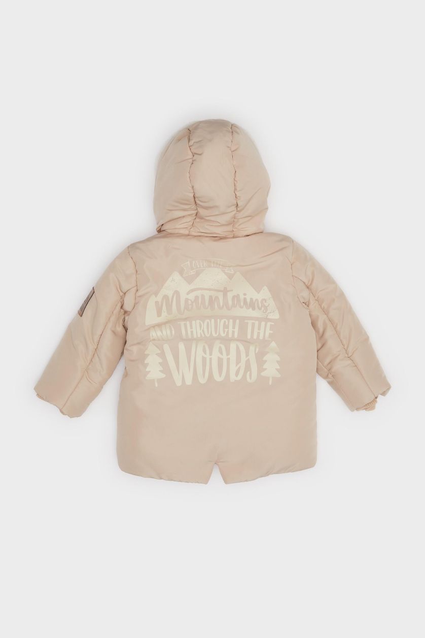 Erkek Bebek Bej Su Geçirmez Kapüşonlu Pelüş Astar Fermuarlı Mont Erkek Bebek