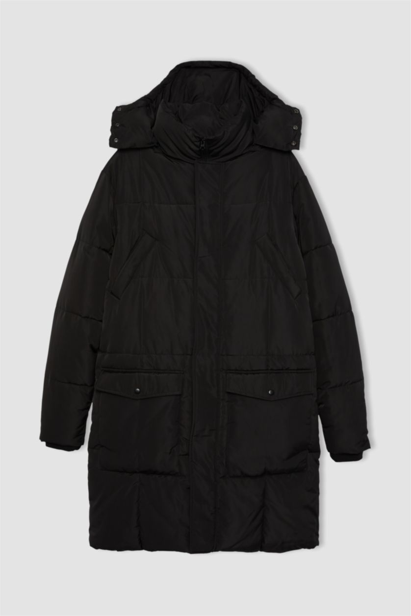 رجال أسود قمصلة نفخ طويل قصة عادية بغطاء للرأس طارد للماء