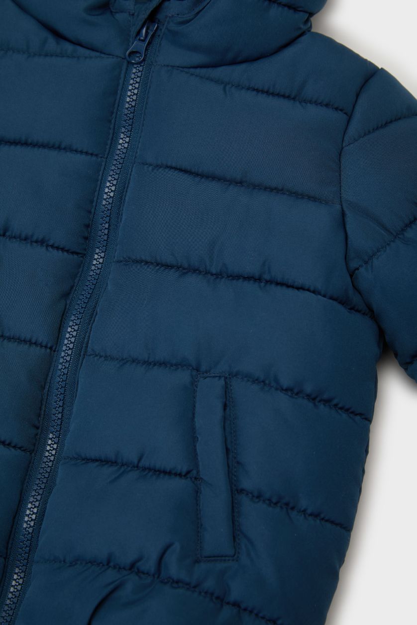 Erkek Bebek İndigo Su Geçirmez Kapüşonlu Tafta Fermuarlı Cepli Şişme Mont Erkek Bebek