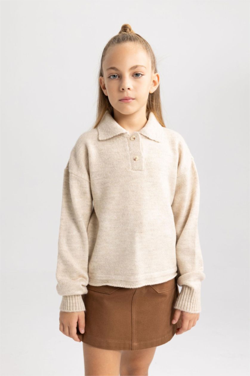 GIRLS & TEENS Beige Melange Girl Polo Neck Pullover