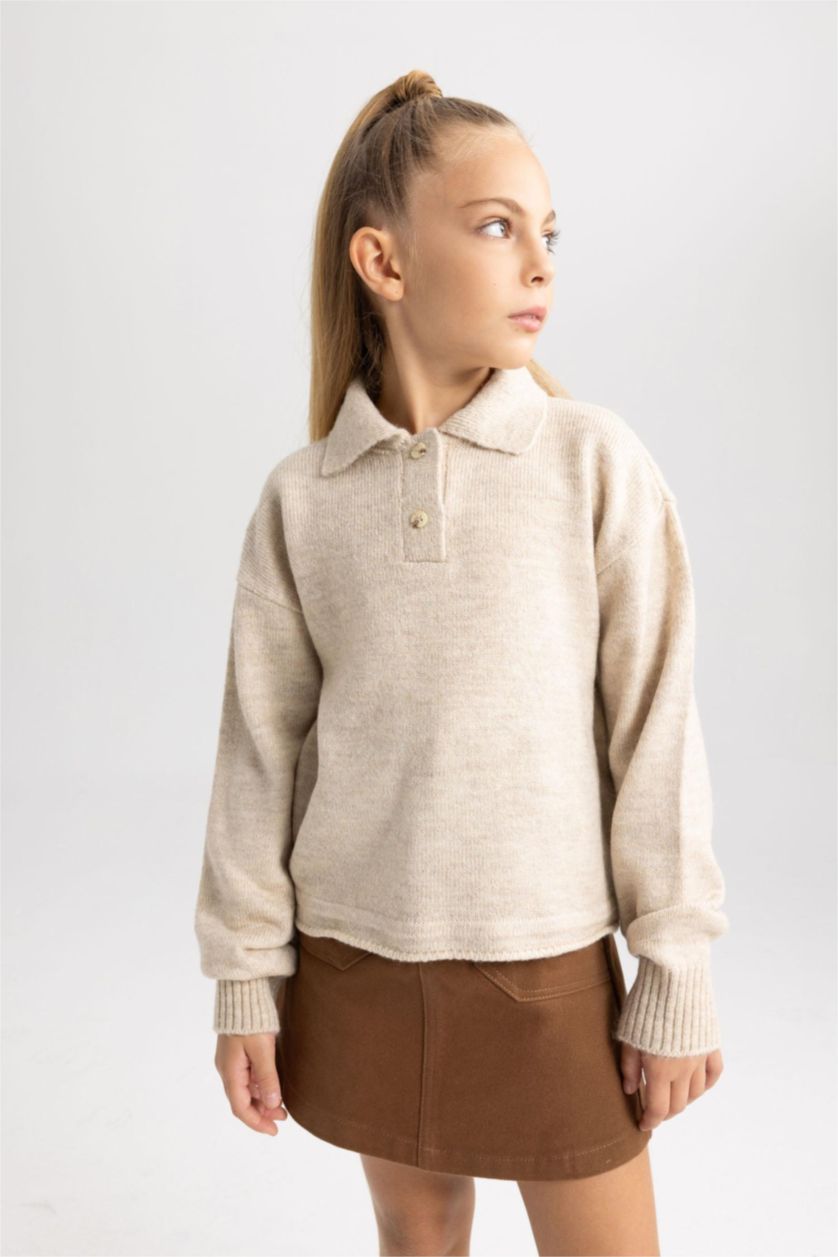 GIRLS & TEENS Beige Melange Girl Polo Neck Pullover