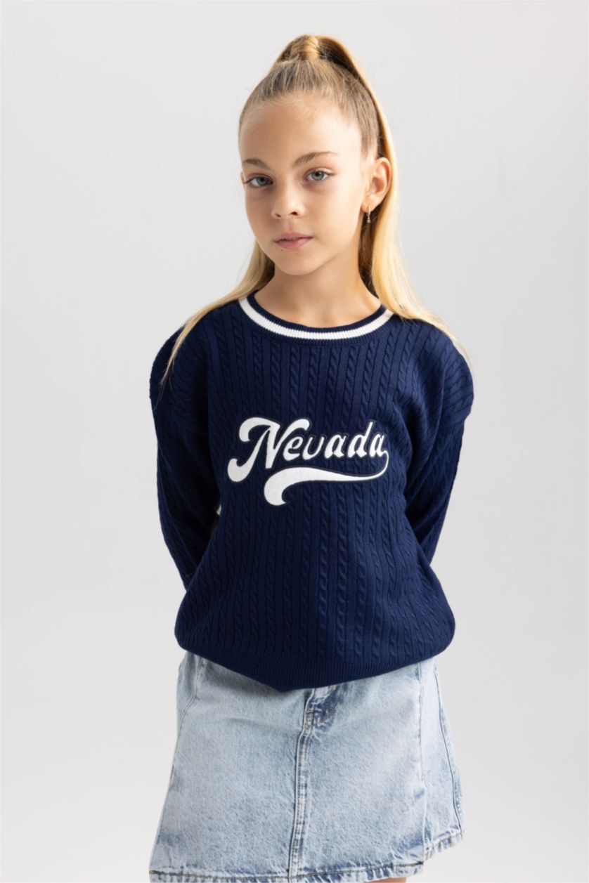 Дівчачий Синій Пуловер стандартного крою з круглим вирізом для дівчаток