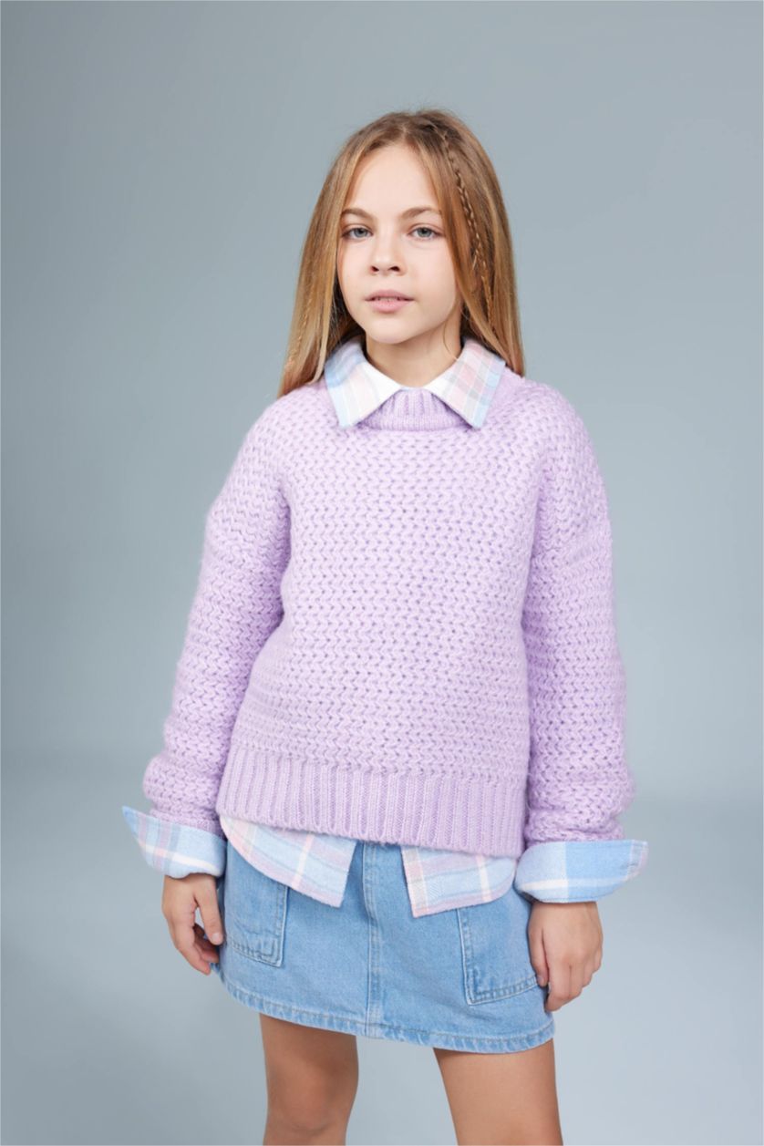 FILLES Violet Pull Coupe Régulière Col Rond Pour Fille