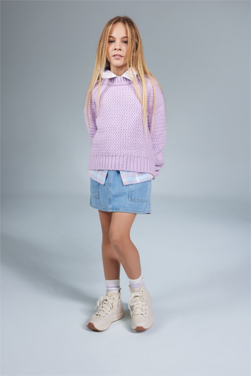 FILLES Violet Pull Coupe Régulière Col Rond Pour Fille