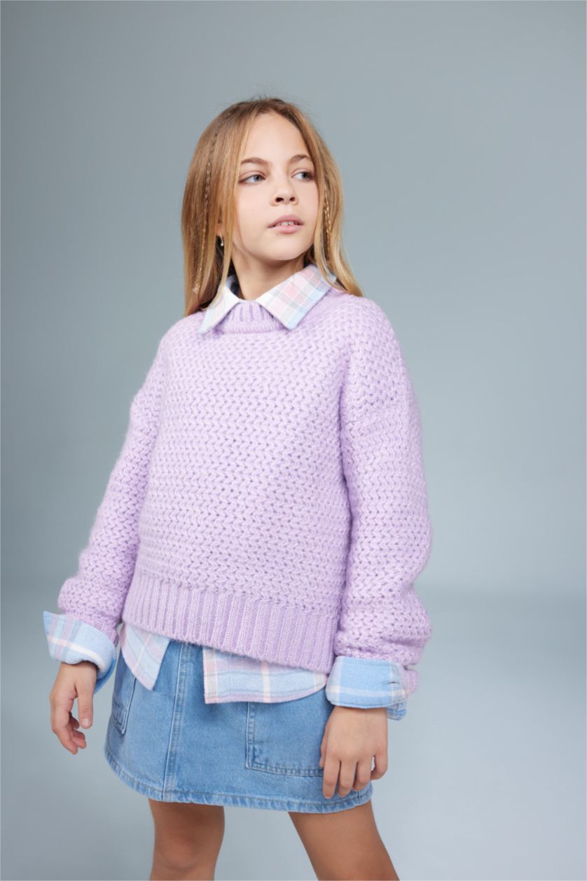 FILLES Violet Pull Coupe Régulière Col Rond Pour Fille
