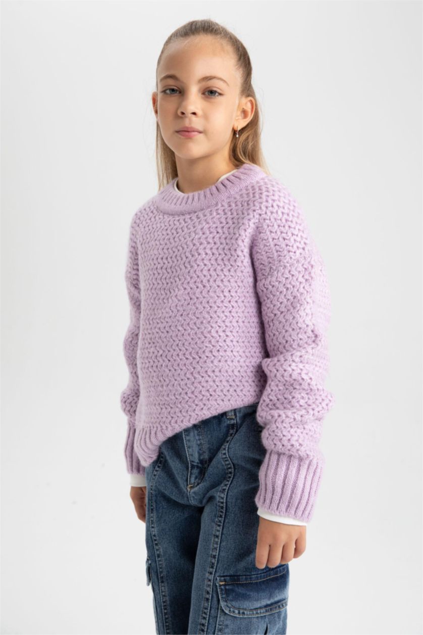 FILLES Violet Pull Coupe Régulière Col Rond Pour Fille