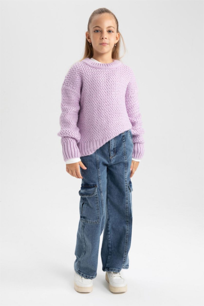 FILLES Violet Pull Coupe Régulière Col Rond Pour Fille