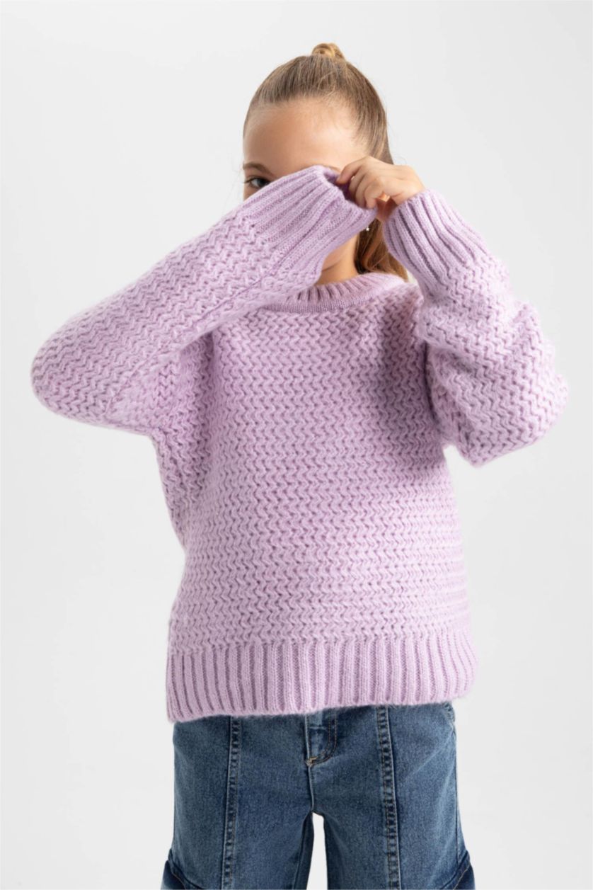 FILLES Violet Pull Coupe Régulière Col Rond Pour Fille