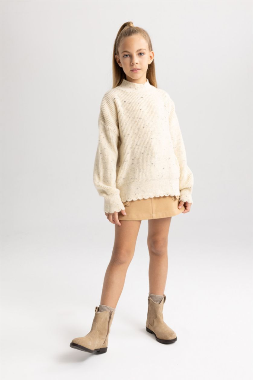 FILLES Beige Clair Pull Coupe Régulière Col Rond Pour Fille