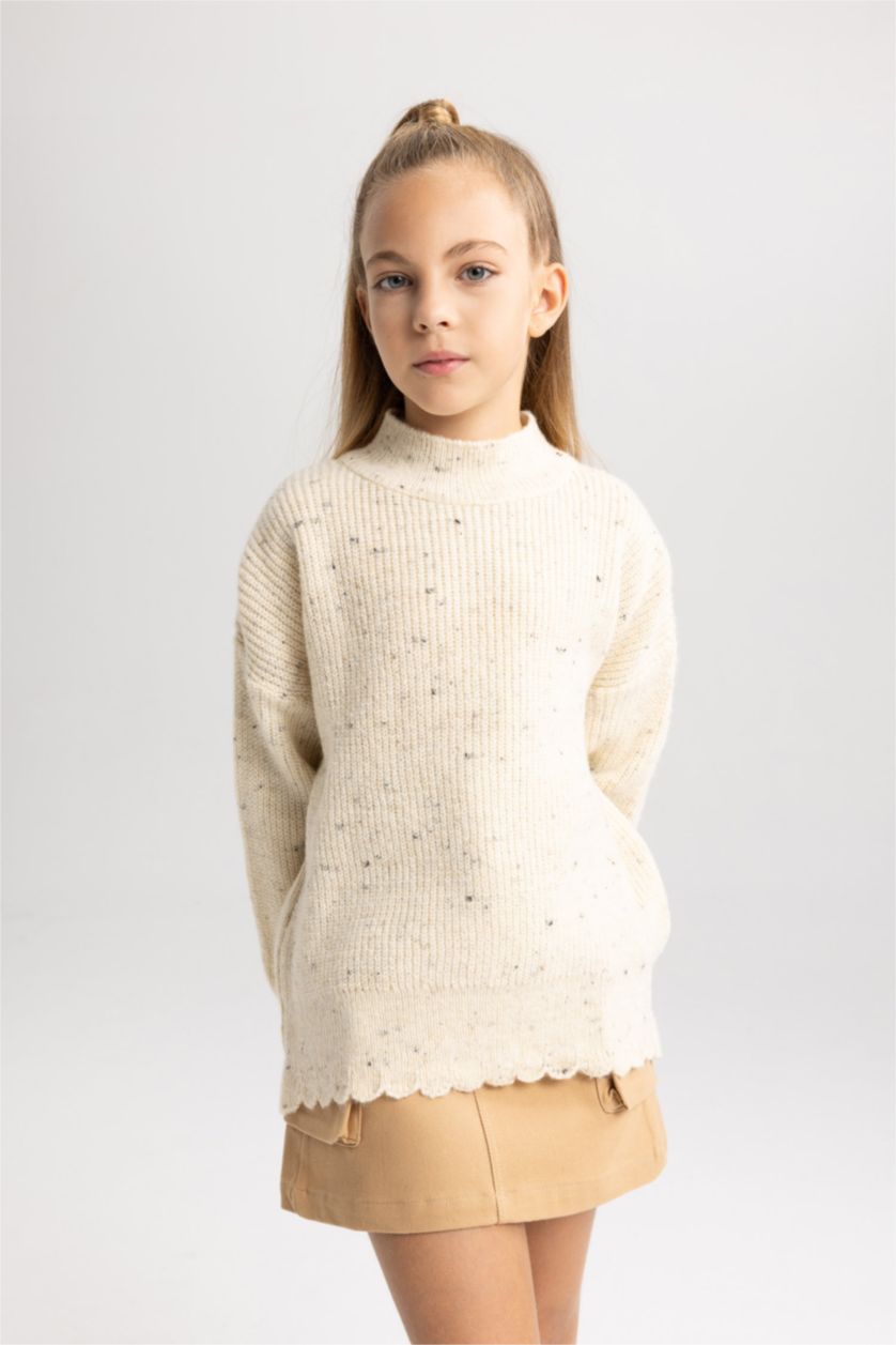 FILLES Beige Clair Pull Coupe Régulière Col Rond Pour Fille