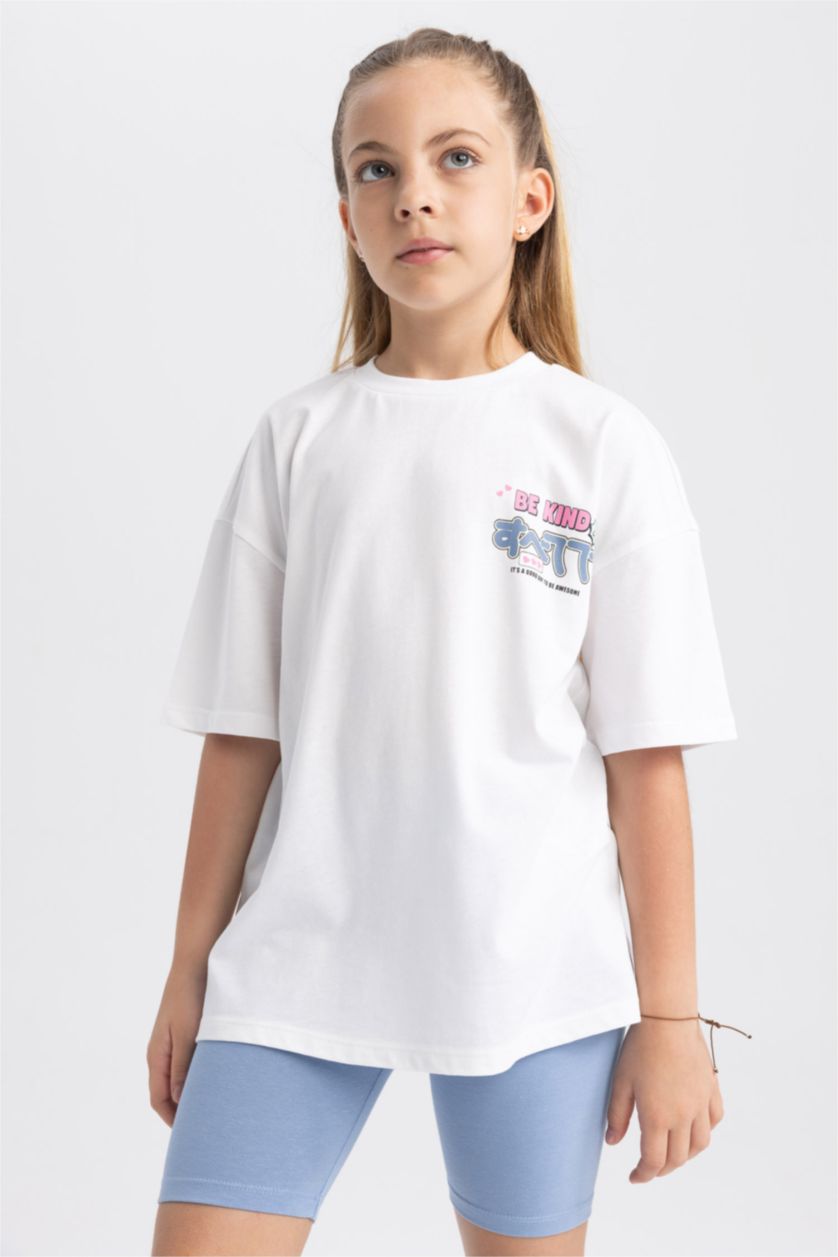 بنات أبيض طقم بناتي شورت تي شيرت - قطعتين