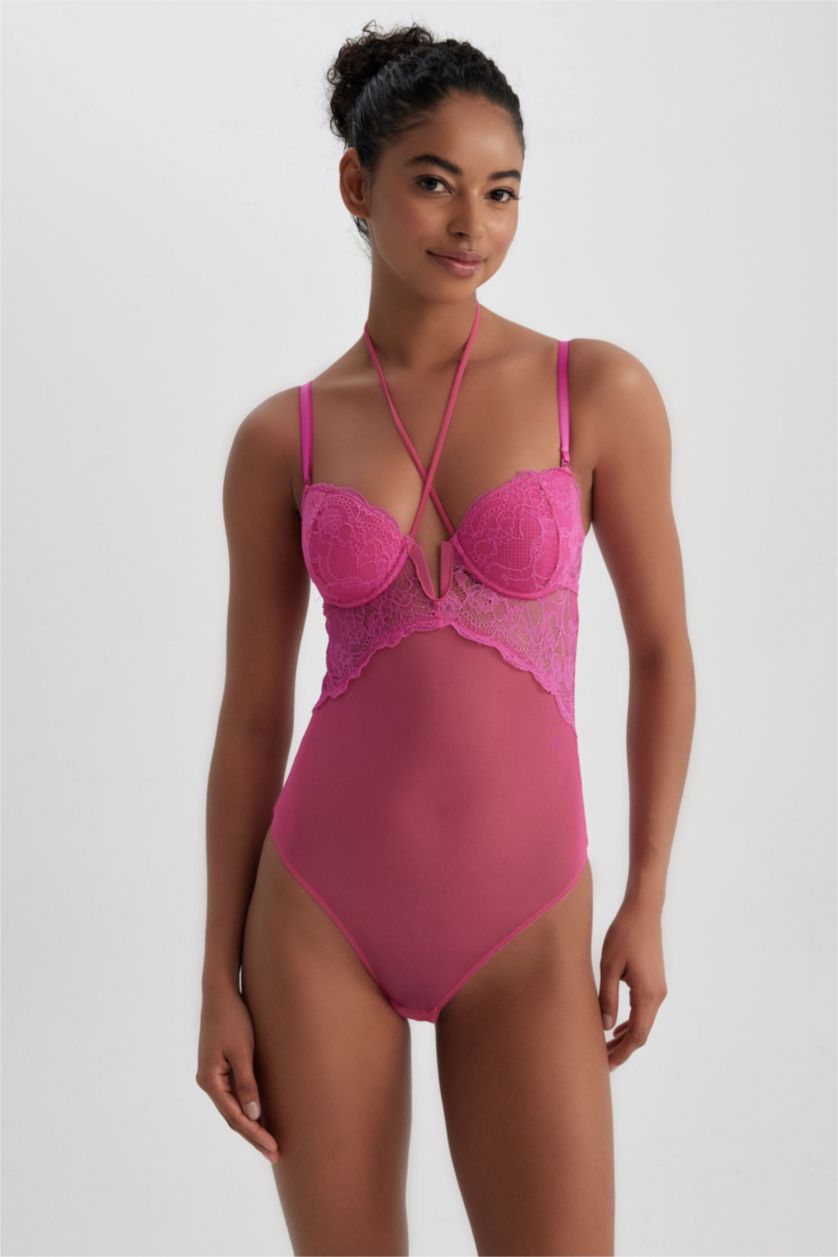 Woman Dark Pink Fall in Love With Lace With Pad Bodysuit